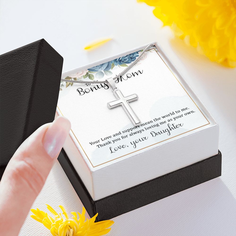 To My Bonus Mom Wear your faith proudly with this stunning artisan-crafted Stainless Steel Cross Necklace.