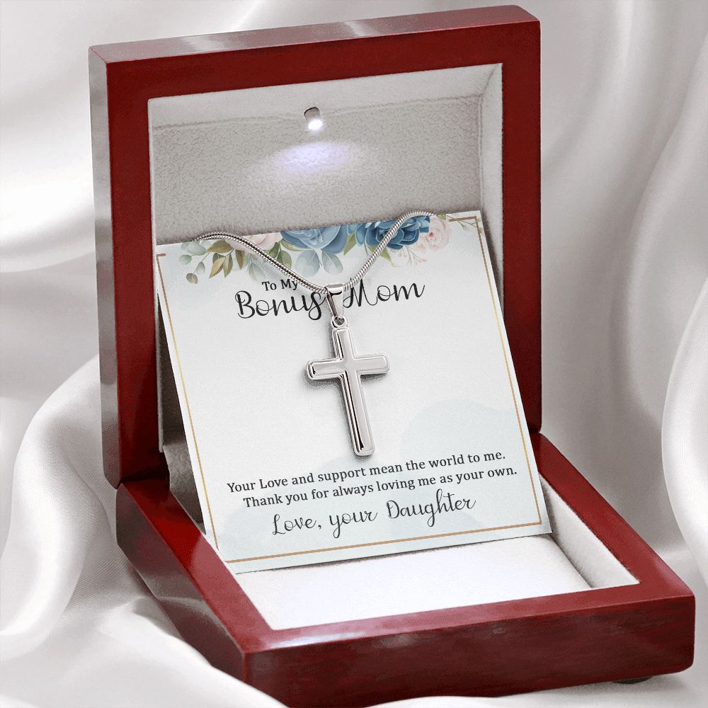 To My Bonus Mom Wear your faith proudly with this stunning artisan-crafted Stainless Steel Cross Necklace.