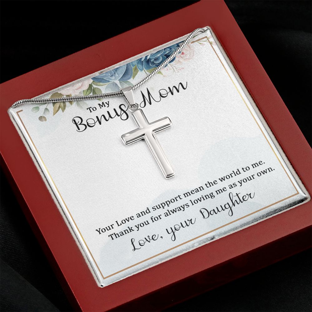 To My Bonus Mom Wear your faith proudly with this stunning artisan-crafted Stainless Steel Cross Necklace.