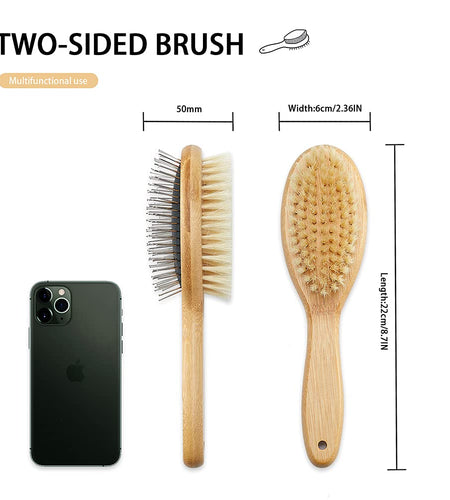 Dog Brush Cat Brush,  Double Sided Bristle and Pin Pet Brush for Dog Grooming, Real Boar Bristle Shedding Brush with Bamboo Handle for Long Short Hair, 2 Pack Dog Comb, White