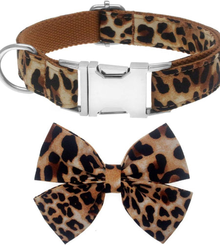 Dog Collar with Bow, Cotton & Webbing, Detachable Bowtie Dog Collar, Adjustable Dog Collars and Leash for Small Medium Large Dogs (S, Leopard Print)