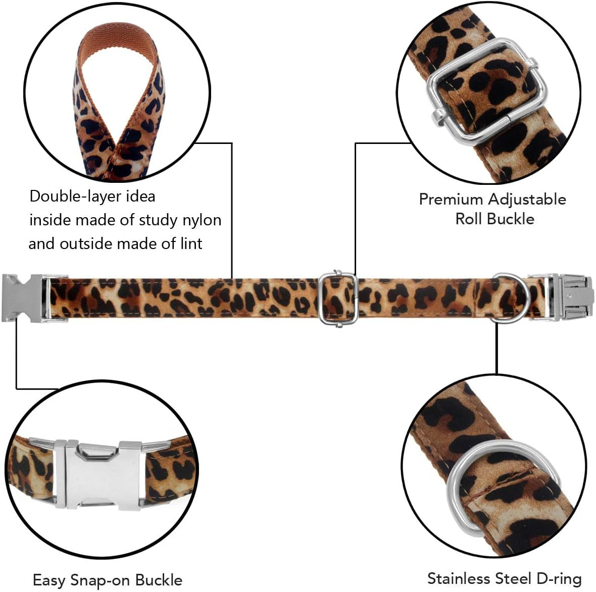Dog Collar with Bow, Cotton & Webbing, Detachable Bowtie Dog Collar, Adjustable Dog Collars and Leash for Small Medium Large Dogs (S, Leopard Print)